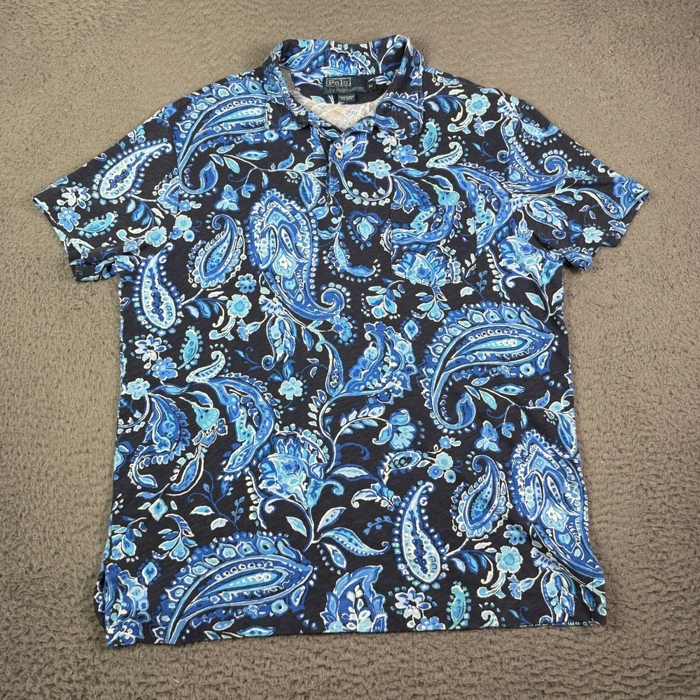 Polo Ralph Lauren Shirt Mens M Blue Paisley All Over Pattern Floral Beach Golf